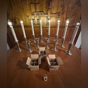 8 VALERIE PARR HILL WINDOW CANDLES,4 CANDLE HOLDERS, EXTRA BULBS, BRUSHED SILVER